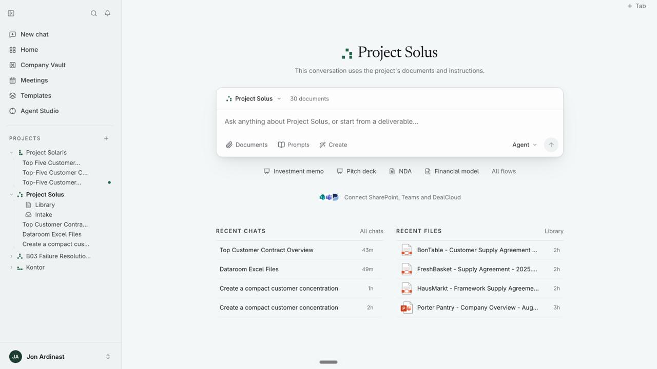The Fedeva workspace: one mandate with its documents, recent conversations and files